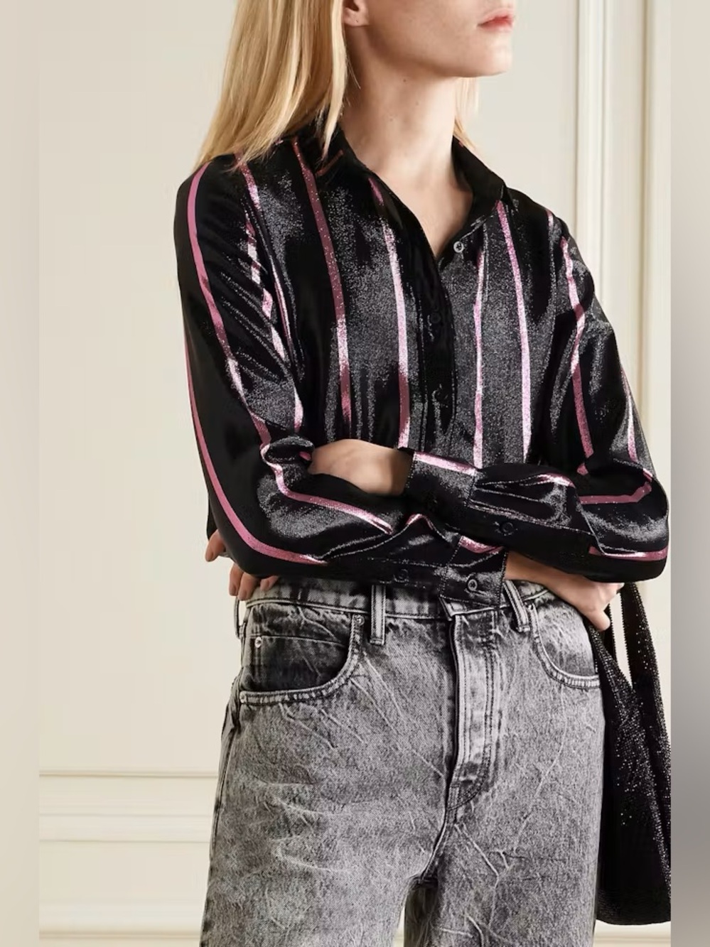 RTA Metallic Stripe Silk Blend Button Down Shirt Size S Black Pink NWT